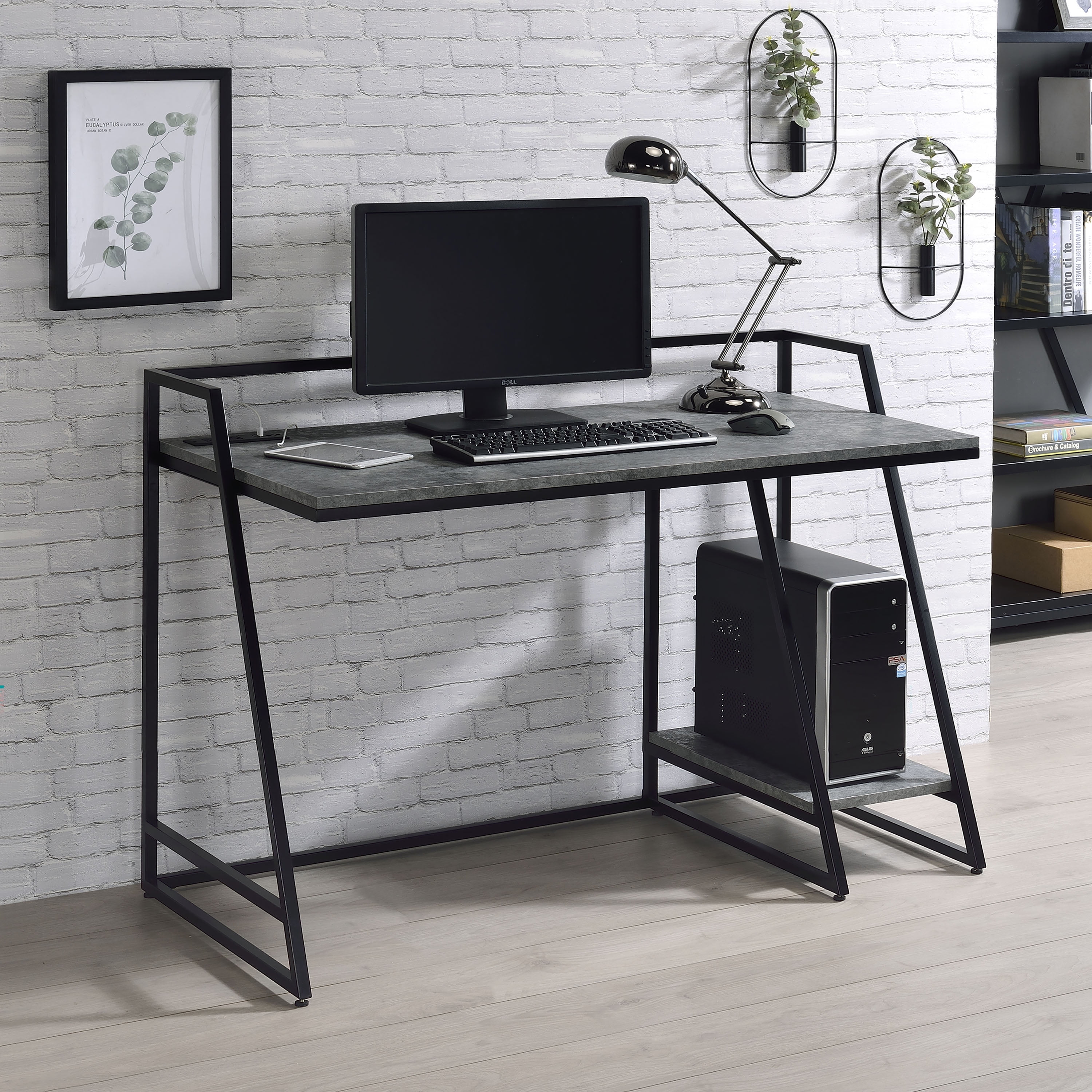 Meard Metal Writing Desk with USB Ports, Light Gray and Matte Black ...