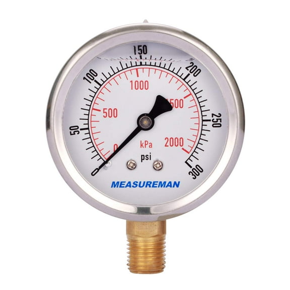 Measureman 2-1/2" Dial Size, Glycerin Filled Pressure Gauge, 0-300psi/kpa, 304 Stainless Steel Case, 1/4"NPT Lower Mount