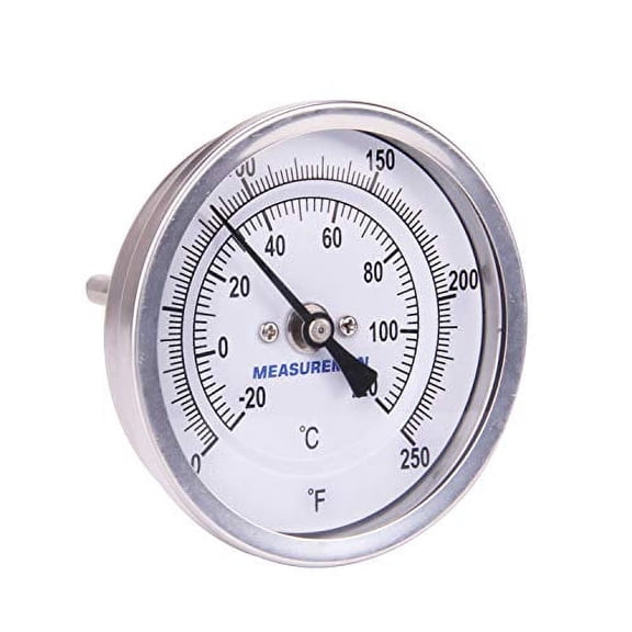 Measureman Fully Stainless Steel Pot, Kettle, Brewing Bimetal Thermometer, 3" Dial, 2-1/2" Stem, 0-250 deg F/-20-120 deg C, +/-1% Accuracy, Adjustable, 1/2" NPT Back Mount