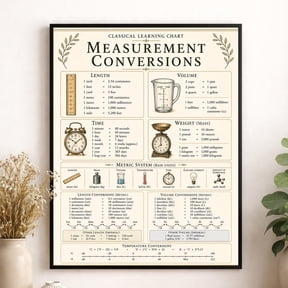 Measurement Conversions Chart Wall Art Print, Unframed Paper Poster 24x36in