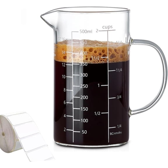 Measuring Cup, 500ML 2 CUP Glass Liquid Measuring Cup with Blank Label, Three Scales (OZ, Cup, ML/CC) High Borosilicate Glass for Kitchen or Restaurant, V-Shaped Spout Measuring Cups