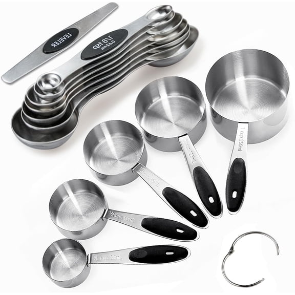 Measuring Cup and Magnetic Measuring Spoons Set, 5 Stainless Steel Nesting Measuring Cup & 7 Double Sided Stackable Magnetic Measuring Spoons & 1 Leveler, for Cooking Dry and Liquid Ingredient