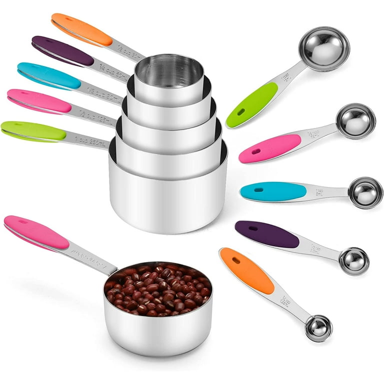 Measuring Cup, Stainless Steel Measuring Spoons and Cups With Colored Soft  Silicone Handles - Complete Set of 10 Measure Cups and Spoons For Cooking