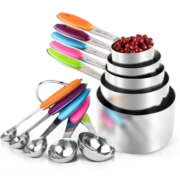 Measuring Cups,18/8 Stainless Steel Measuring Cups and Spoons Set of 10 Piece,Upgraded Thickness Handle (Multicolors)