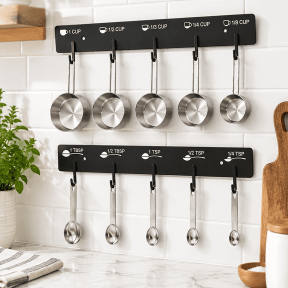 Measuring Cups And Spoons Hanging Rack With Stick-On Conversion Chart