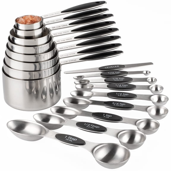 Measuring Cups And Spoons Set Stainless Steel Includes 8 Heavy Duty 8 Double Sided Magnetic 1 Leveler For Dry Liquid Ingredients