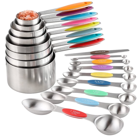 Measuring Cups And Spoons Set Stainless Steel Including 8 Stackable Cup 8 Double Sided Magnetic With 1 Leveler For Dry Liquid Ingredients