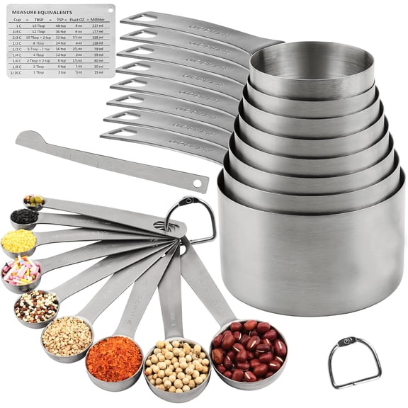 Measuring Cups Set 19, 18/8 (304) Stainless Steel Measuring Cups and Spoons Set, Metal Measuring Cups & Spoons & Leveler& Conversion Chart for Kitchen and Baking