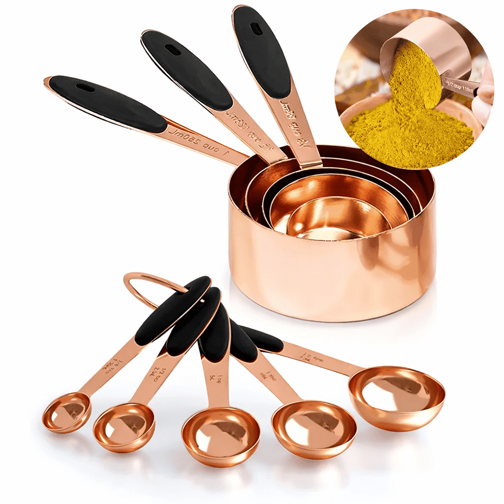 Stainless Steel Nesting 10 Piece Set Measuring Cups with Spoons, Soft Touch Silicone Handles, Rose Gold
