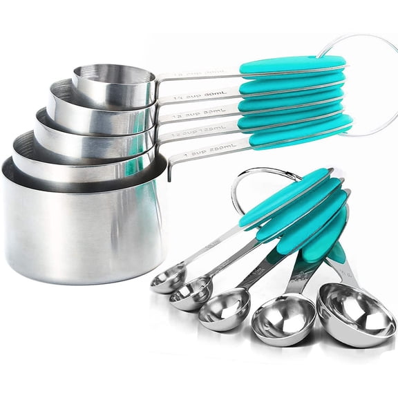 Measuring Cups and Spoons Set of 10 Pieces, Stainless Steel Measuring Utensils with BPA-Free Silicone Grips, Metal Scale Tools for Cooking Baking,Dishwasher-Safe,Teal