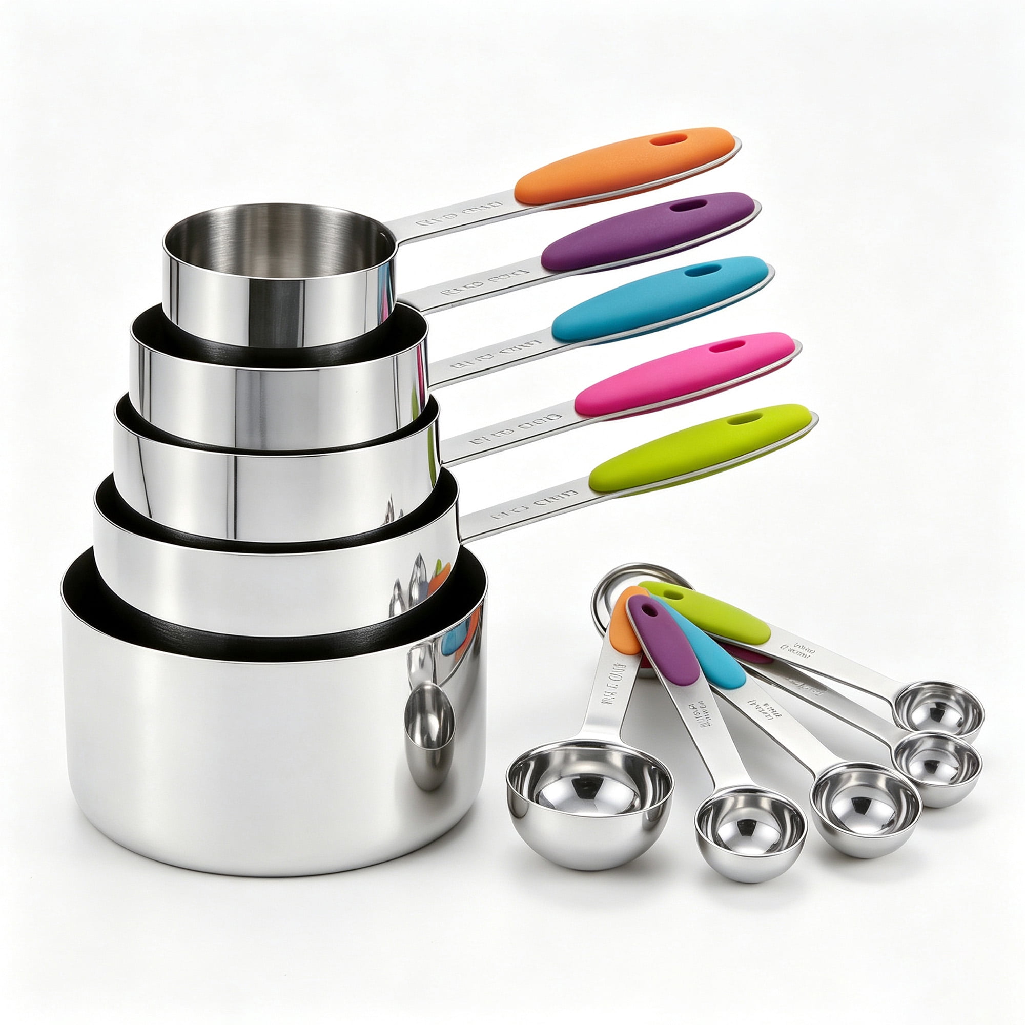 10-Piece Measuring Cups and Spoons Set, Stainless Steel Measuring Cup with Colorful Silicone Non-Slip Handles, Etched Markings, Stackable Kitchen Measuring Tools for Baking Cooking