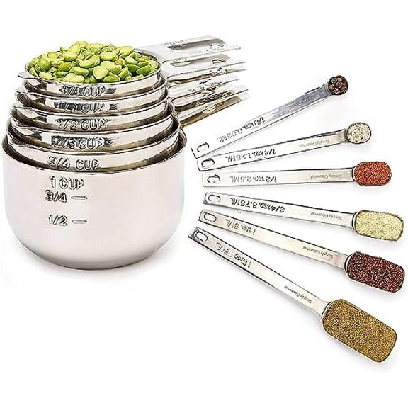 Measuring Cups and Spoons Set of 12 – 18/10 Stainless Steel Kitchen Gadgets – Stackable Design with Long Handle Spoons – Fits in Jars – Cooking & Baking Measuring Set for Dry & Liquid