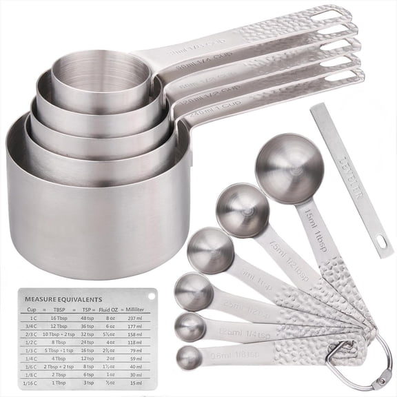 Measuring Cups and Spoons Set 14, 18/8 Stainless Steel Measuring Cups and spoons for Baking & Kitchen, Metal Metric& 5 Measure Cups and 6 Spoon &Leveler&Measure Equivalents for Dry&Liquid