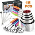 thumbnail image 1 of Measuring Cups and Spoons Set of 15, Heavy Duty Stainless Steel Kitchen Measuring Tool with Colored Silicone Handle, Including 5 Nesting Measuring Cups, 5 Spoons, 5 Mini Spoons for Cooking Baking, 1 of 7