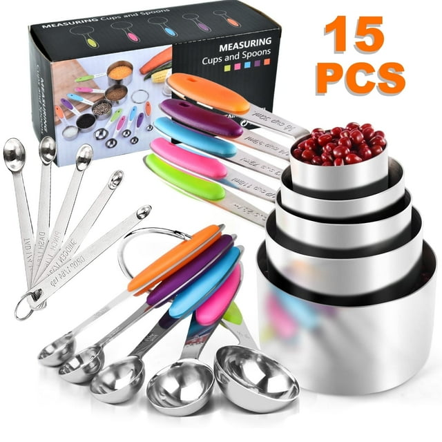 Measuring Cups and Spoons Set of 15, Heavy Duty Stainless Steel Kitchen Measuring Tool with Colored Silicone Handle, Including 5 Nesting Measuring Cups, 5 Spoons, 5 Mini Spoons for Cooking Baking