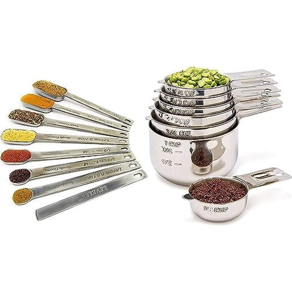 Measuring Cups and Spoons Set of 15, Stackable Cups, Long Handle with Leveler Fits Narrow Jars, 304 Premium Stainless Steel, Kitchen Gadgets for Liquid & Dry Ingredients Cooking Baking