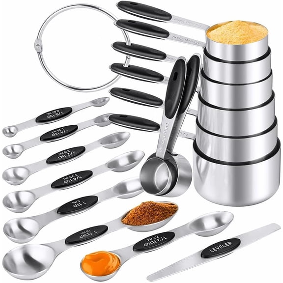 Measuring Cups & Spoons Set of 16, Stainless Steel 8 Nesting Measure Cups Set & 7 double-sided Measuring Spoons Set & 1 Leveler for Dry and Liquid Ingredient