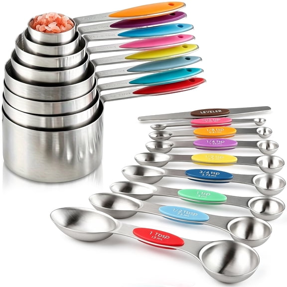 Measuring Cups and Spoons Set of 17, Stainless Steel 8 Measuring Cups 8 Double-sided Magnetic Measuring Spoons Set & 1 Leveler for Dry and Liquid Ingredient