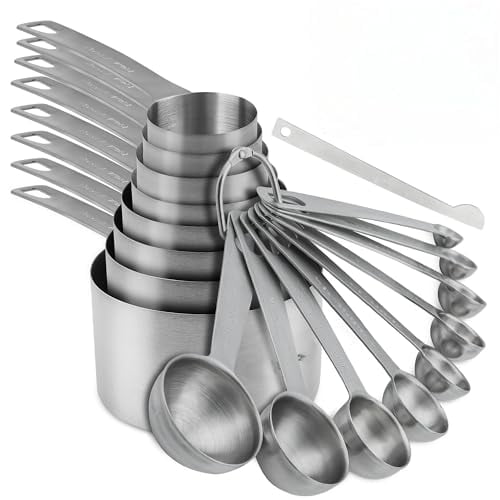 Measuring Cups and Spoons Set 18,Metric&US 18/8 Stainless Steel Measuring Cups and Spoons for Kitchen &Baking,Metal Measue Cup and Spoon for Dry&Liquid,8 Measure Cups&9 Spoons w/Leveler