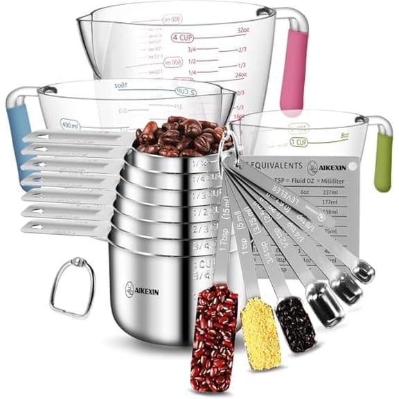Measuring Cups and Spoons Set of 20 - Stainless Steel Measuring Cups Spoons & Plastic Measuring Cup for Dry and Liquid Ingredients, Cooking & Baking Kitchen Gadgets