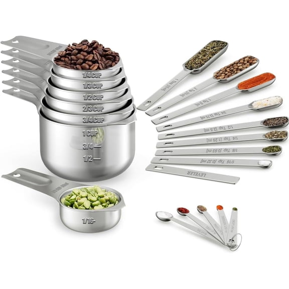 Measuring Cups & Spoons Set of 21 - Includes 7 Stainless Steel Nesting Cups, 8 Measuring Spoons, 1 Leveler & 5 Mini Measuring Spoons, Ideal for Dry and Liquid Ingredients