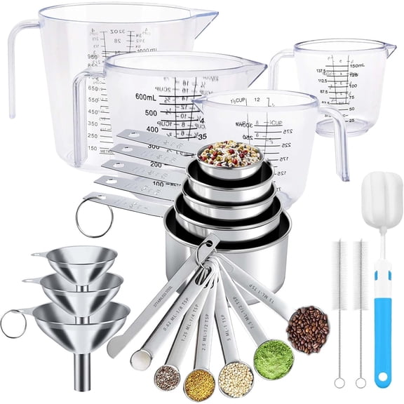 Measuring Cups and Spoons Set 22 Piece, 11 Stainless Steel Nesting Measuring Spoons and Cups with 4 Plastic Measuring Cup, 3 Funnel, 3 Brush, 1 Ruler, Measuring Cup Set for Kitchen Baking Liquid Dry