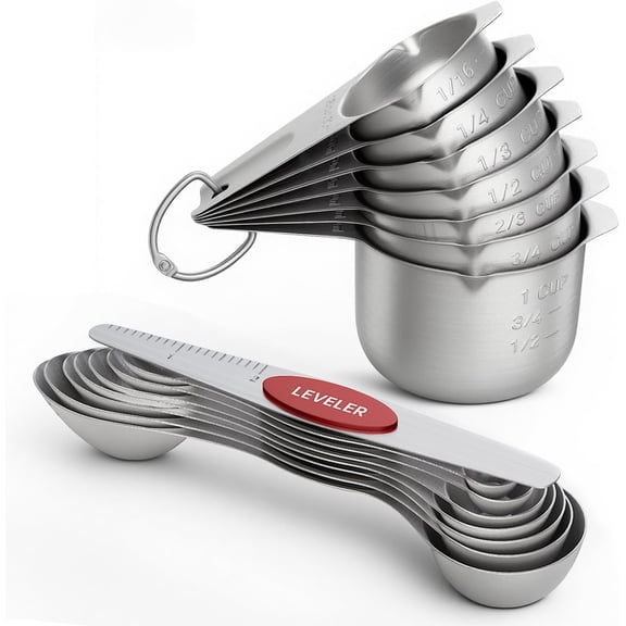 Measuring Cups and Spoons Set, 304 Stainless Steel Measuring Cups Set of 7,8 Magnetic Stainless Steel Measuring Spoons & 1 Leveler for for Measure Dry and Liquid Ingredients