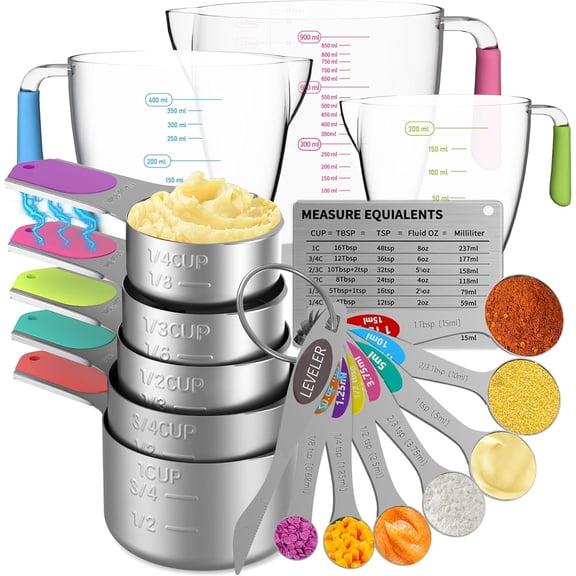 Measuring Cups and Spoons Set, 5 Stainless Steel Measuring Cups, 7 Measuring Spoons & 1 Leveler, 3 Plastic Measuring Cup with 1 Measuring Conversion Chart
