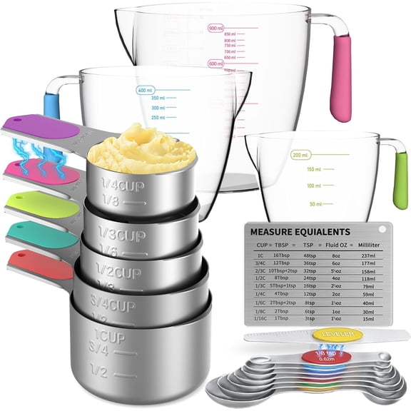 Measuring Cups and Spoons Set, 5 Stainless Steel Measuring Cups for Dry and Liquid Ingredients, 7 Measuring Spoons, 3 Plastic Measuring Cup with 1 Measuring Conversion Chart