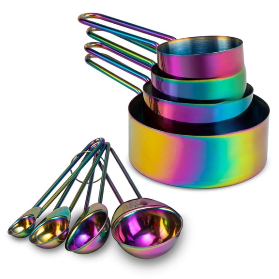 Measuring Cups And Spoons Set Of 8 Food Grade 18/8 Stainless Steel Measure For Dry Liquid Measurement Rainbow Titanium Coated Kitchen Gadgets Cooking Baking 4 Cup 4 Spoon