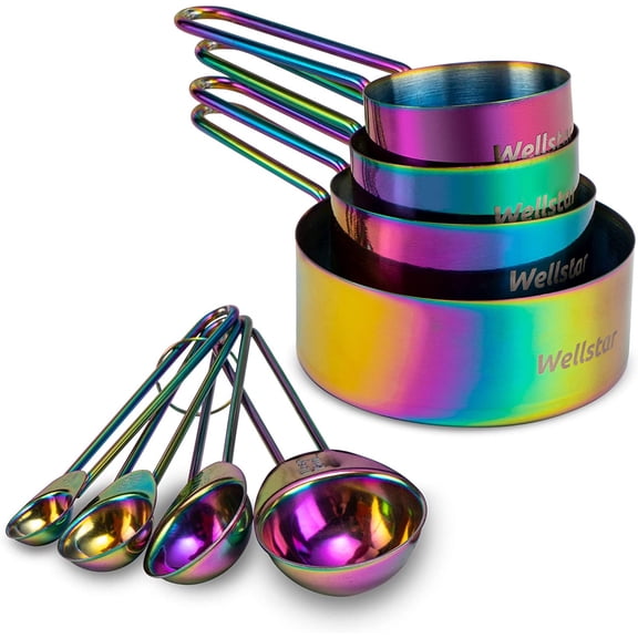 Measuring Cups and Spoons Set of 8, Food Grade 18/8 Stainless Steel Measure set for Dry Liquid Measurement, Rainbow Titanium Coated Kitchen Gadgets for Cooking Baking, 4 Cup and 4 Spoon