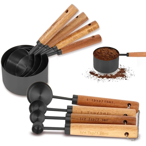 Measuring Cups and Spoons Set with Fragrant Wood Handles, 8 Piece Measuring Spoons and Measuring Cups Set,Precision Measuring Cup Set for the Kitchen Enthusiast(Black)