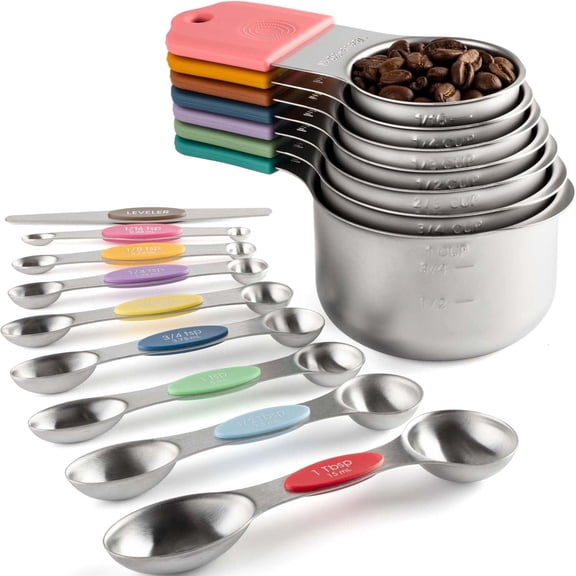 Measuring Cups and Spoons Set-Heavy Duty 304 Stainless SteelDouble Measurement MarkingsSet of 16 with Leveler for Measure Dry and Liquid Ingredients