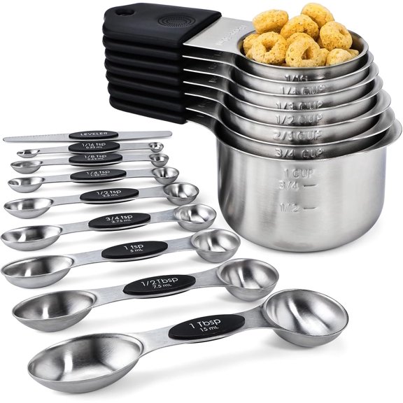 Measuring Cups and Spoons Set Including 7 Stainless Steel Measuring Cups 8 Double Sided  Measuring Spoons Set with 1 Leveler Kitchen Tools for Cooking Baking (Black)
