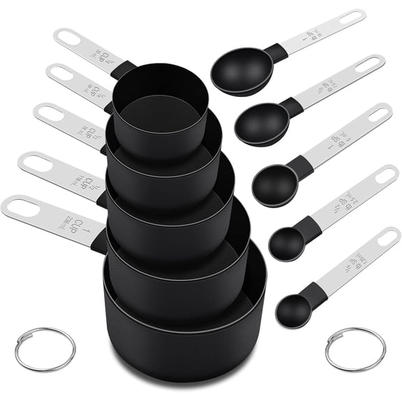 Measuring Cups and Spoons Set, Kitchen Essentials Gadgets 10 Pieces, Nesting Measure Cups Spoons with Stainless Steel Handle for Dry & Liquid Ingredient, Black