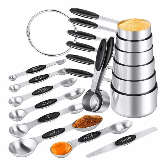Measuring Cups & Spoons Set Of 16 Stainless Steel 8 Nesting Measure 7 Double-sided Magnetic 1 Leveler For Dry And Liquid Ingredient