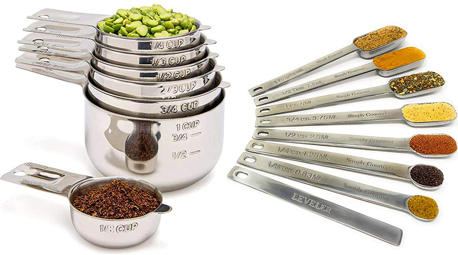 Simply Gourmet Measuring Cups and Spoons Set of 12 Stainless Steel for  Cooking & Baking