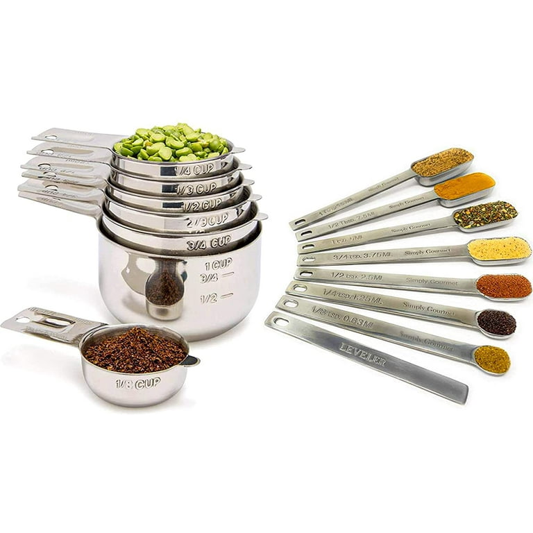 Measuring Cups and Spoons Set by Simply Gourmet. Premium Set of 15  Stainless Steel Measuring Cups and Spoons with level. Includes 7 Engraved  Metal