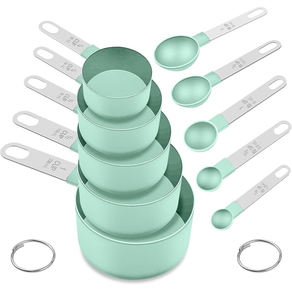 Measuring Cups and Spoons Set, Stackable Cups and Spoons, 10 Pieces Nesting Measure Cups with Stainless Steel Handle, Kitchen Gadgets for Cooking & Baking, Lake Green