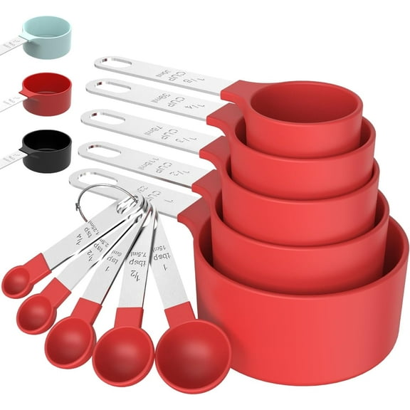 Measuring Cups & Spoons Set, Stackable Cups and Spoons, Nesting Measure Cups with Stainless Steel Handle, Kitchen Gadgets for Cooking & Baking (Red)