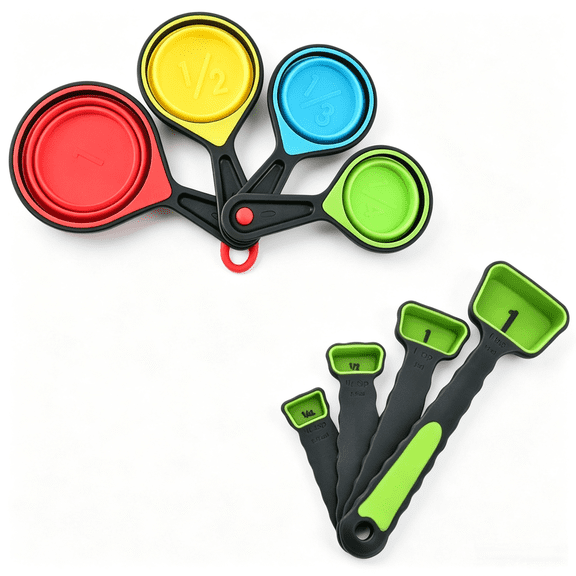 Measuring Cups and Spoons set, Collapsible Measuring Cups, 8 piece Measuring Tool Engraved Metric/US Markings for Liquid & Dry Measuring, Space Saving, BPA Free Silicone,Multicolor