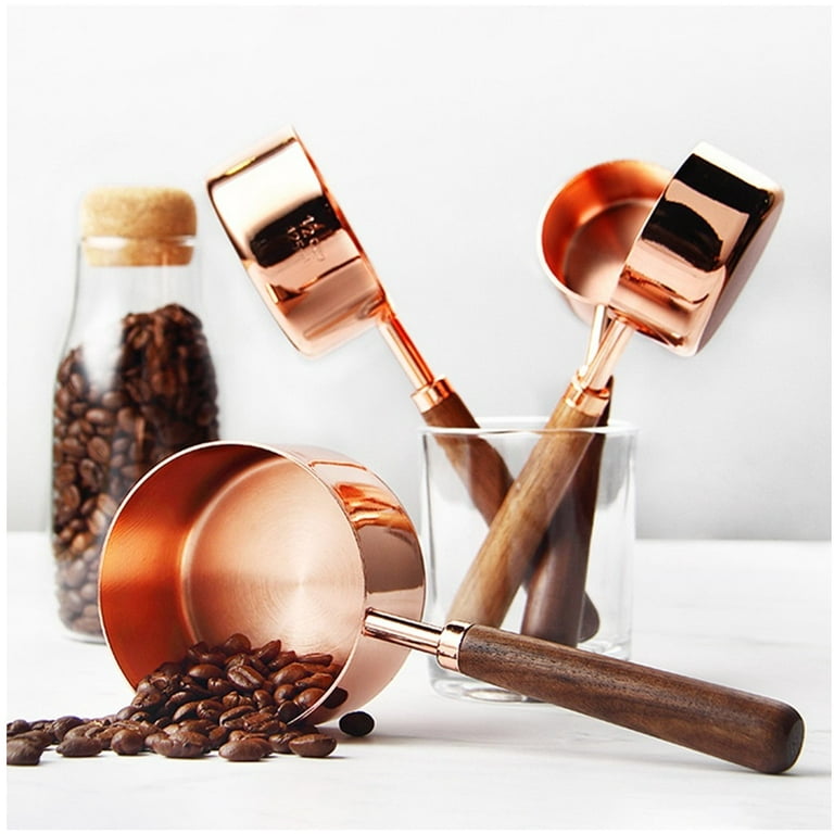 Measuring Cups & Spoons with Walnut Wood Handles, Stainless Steel and Rose  Gold