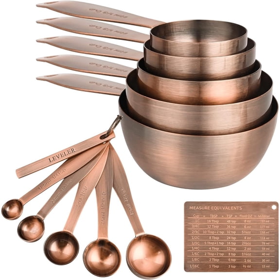 Measuring Cups and Spoons Set, 12 Pieces Stainless Steel Cup Metal Copper Spoons, Dry & Liquid Kitchen Measure Spoon Leveler Equivalents