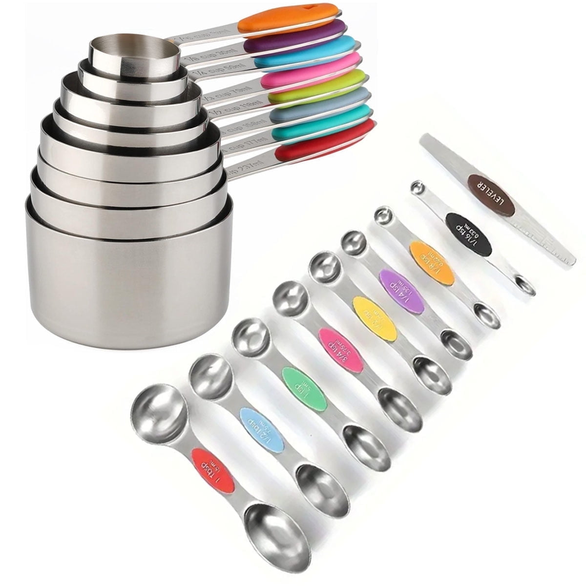 Measuring Cups and Spoons Set, 17-Piece Stainless Steel Magnetic Double-Headed Spoons with Engraved Measurements and Leveler for Cooking & Baking