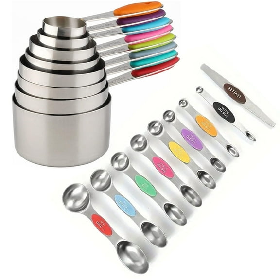 Measuring Cups and Spoons Set, 17-Piece Stainless Steel Magnetic Double-Headed Spoons with Engraved Measurements and Leveler for Cooking & Baking