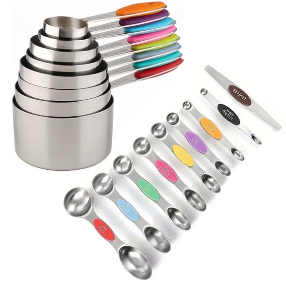Measuring Cups and Spoons Set, 17-Piece Stainless Steel Magnetic Double-Headed Spoons with Engraved Measurements and Leveler for Cooking & Baking