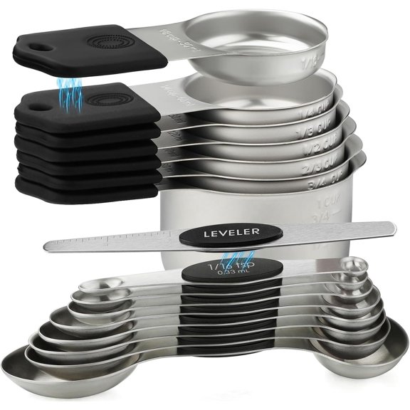 Measuring Cups and Spoons Set Stainless Steel Stackable 7 Metal Measuring Cup 8 Measuring Spoon with Leveler for Dry Liquid Ingredient