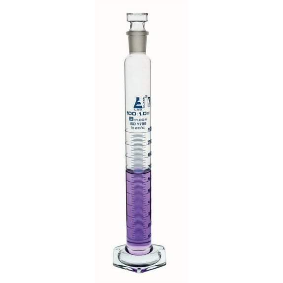 Measuring Cylinder, 100ml - Class B - Fitted with Interchangeable 19/26 Polypropylene Stopper - Sub. Div.: 1.0ml, Tolerance: 1.0ml - Hexagonal Base, Blue Graduations - Borosilicate Glass - Eisco Labs