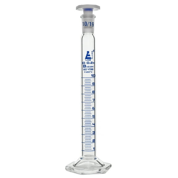 Measuring Cylinder, 10ml - Class B - Fitted with Interchangeable 10/19 Polypropylene Stopper - Sub. Div.: 0.2ml, Tolerance: 0.2ml - Hexagonal Base, Blue Graduations - Borosilicate Glass - Eisco Labs