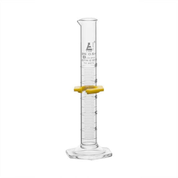 Measuring Cylinder, 25ml - ASTM, Class B Tolerance ±0.34ml - Protective Collar, Hexagonal Base - White Graduations - Borosilicate 3.3 Glass - Eisco Labs